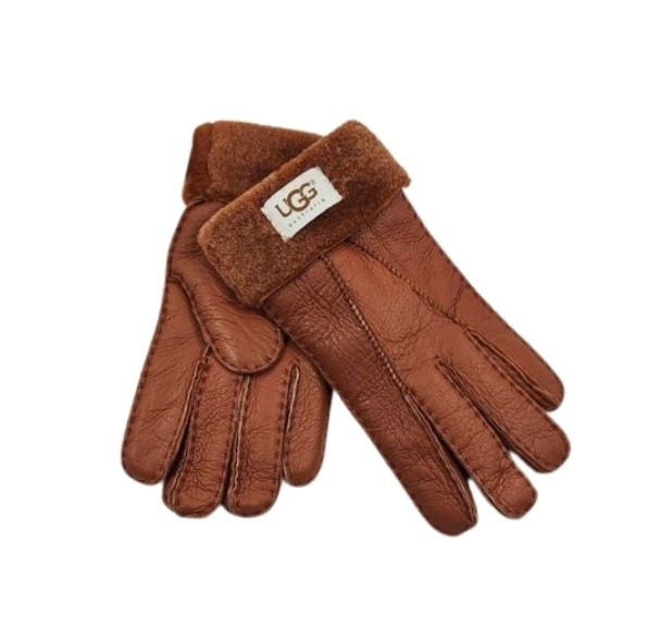 Женские Меховые Перчатки Ugg Красные Кожаные (03)