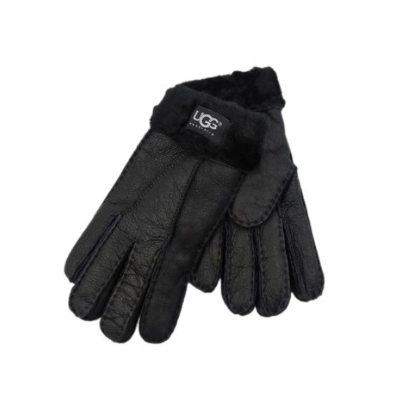 Женские Меховые Перчатки Ugg Черные Кожаные (04)